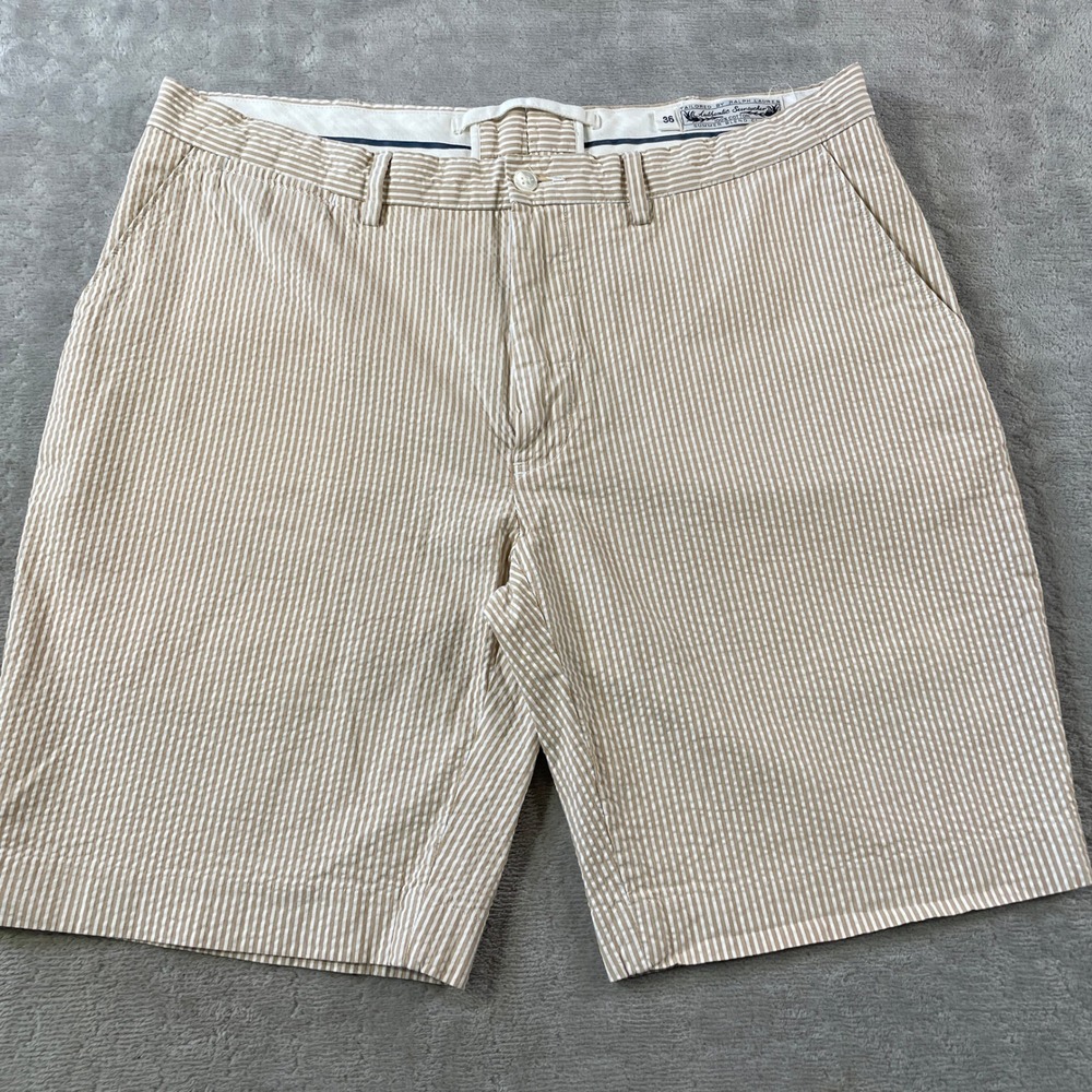 Ralph Lauren Seersucker Shorts Mens 36 Tan White Striped Summer Blend Preppy